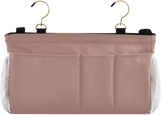 Light Brown Bedside Caddy Storage Bag Bedside Organizer for Dorm Room Top Bunk Bed Hanging Storage Organizer 6 Pockets with Hooks for Magazine Water Bottle Holder