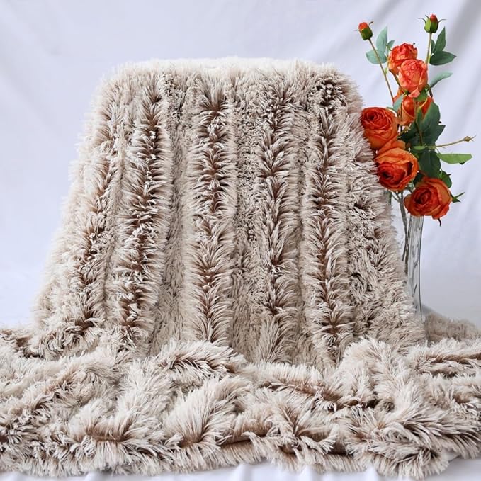 Plush Super Soft Blanket Bedding Sofa Cover Furry Fuzzy Fur Warm Throw Qulit Cozy Couch Blanket for Winter (63"x79",Brown and White)