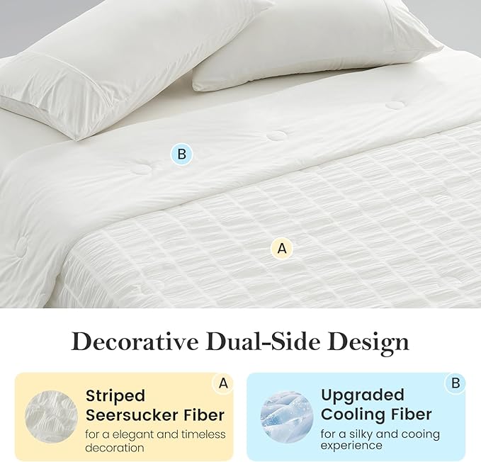 Cozy Bliss Vertical Striped Seersucker Cooling Comforter King Size, Lightweight Airflow Silky Cooling Bedding with Q-Max>0.45 for Bedroom, Home Decor, Hot Sleepers & Night Sweats, White 106"×90"