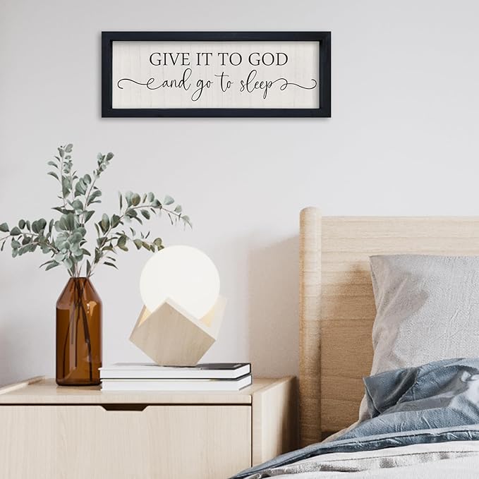 SRSZHIYUE Bedroom Above Bed Wall Decor Give It To God And Go To Sleep Sign 16"X6" Christian Farmhouse Over Bed for Horizontal Catholic Master Vintage Wood Framed Wall Art Hanging (Black)