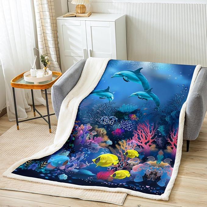 Underwater Oasis Blanket Throw, Dolphin Under The Sea Coral Fish Anemone Deep Ocean Fantasy Bubble Fleece Blanket, Decorative Sofa Sherpa Blanket Ultra Soft, Baby 30"x40", Blue Purple