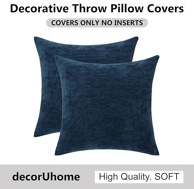 decorUhome Chenille Navy Blue Summer Throw Pillow Covers 24x24 Inch Set of 2, Decorative Soft Couch Pillow Covers Solid Dyed Accent Farmhouse Neutral Square Pillow Cases for Sofa