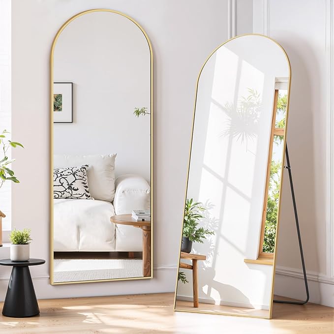Full Length Mirror 56"x15" Full Body Mirror Arched Free Standing Wall Mounted Leaning Floor Mirrors with Stand Aluminum Alloy Frame for Bedroom Cloakroom, Gold
