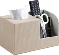 Square Tissue Box Cover with 2 Compartments Storage Organizer, PU Leather Tissue Box Holder with Remote Control Holder for Livingroom Nightstand, Multifunctional Cube Tissue Holder (Beige)