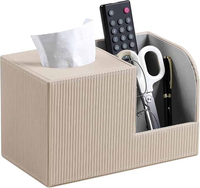 Square Tissue Box Cover with 2 Compartments Storage Organizer, PU Leather Tissue Box Holder with Remote Control Holder for Livingroom Nightstand, Multifunctional Cube Tissue Holder (Beige)