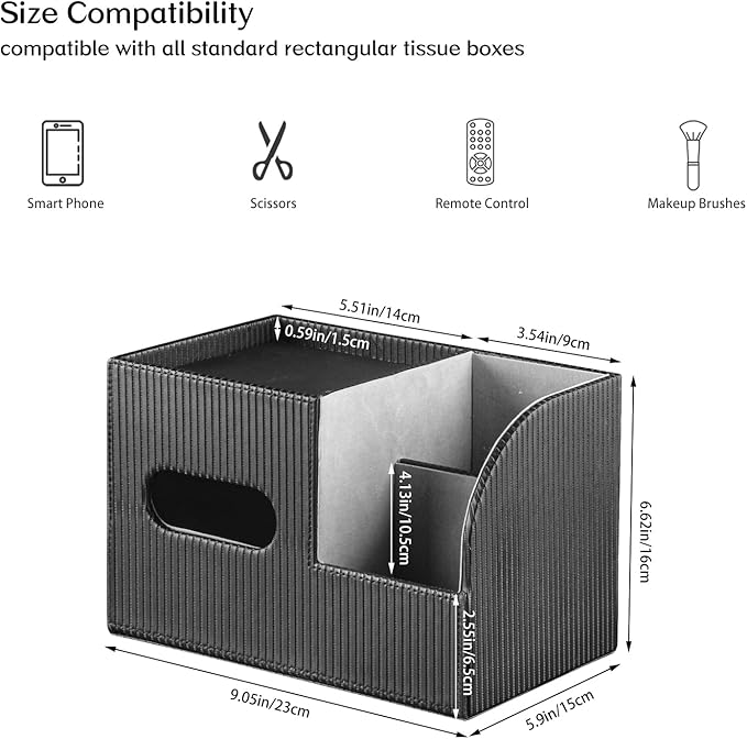 Fanousy Modern PU Leather Cube Tissue Box Cover with Storage Tray, Multifunctional Remote Control Holder & Facial Tissue Dispenser Organizer for Nightstand, Bathroom, Bedroom, Office & Home Decor