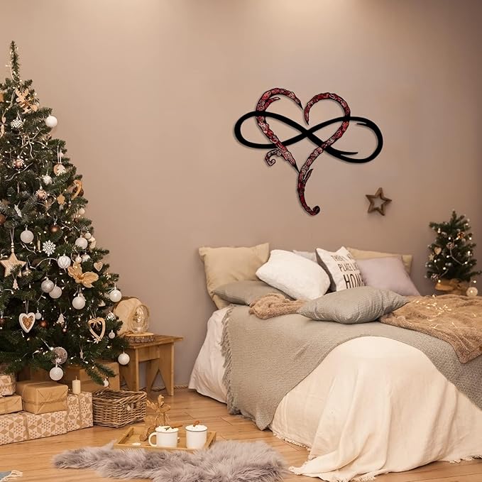 Infinity Heart Wall Decor, Unique Infinity Heart Metal Wall Art Decor Love Sign Steel Wall Plaques Bedroom Ornaments for Home Wedding Decor, Room Living Room Decoration (Red Black, 15.7x14inch)