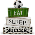 4 Pcs Soccer Table Decorations Wooden Tabletop Tiered Tray Decor Rustic Soccer Wood Block Sign Gift Table Centerpiece for Birthday Party Home Teens Room Desktop Shelf