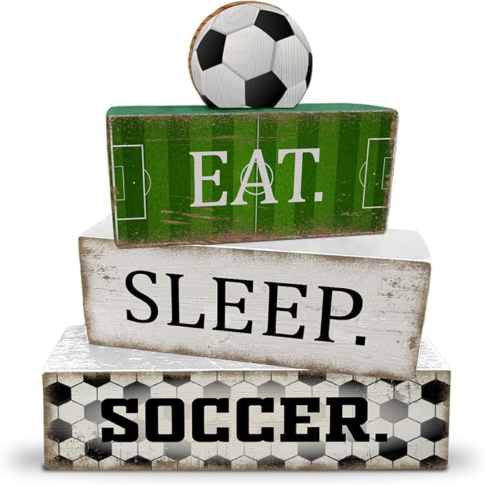 4 Pcs Soccer Table Decorations Wooden Tabletop Tiered Tray Decor Rustic Soccer Wood Block Sign Gift Table Centerpiece for Birthday Party Home Teens Room Desktop Shelf