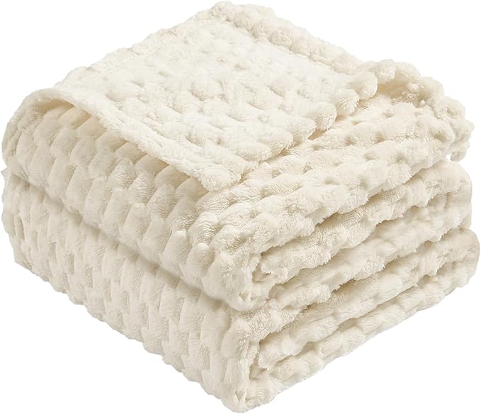 Vessia Flannel Fleece King Size Bed Blanket(108x90 inch), 3D Jacquard Cream Fuzzy and Warm Blanket for Adults, 300GSM Super Soft Touch Cozy Lightweight Ivory Home Decor for All-Season