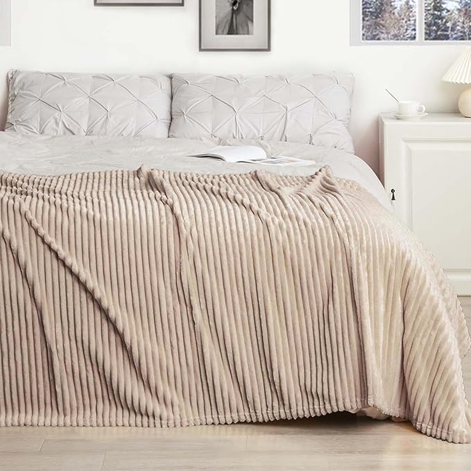 Vessia Flannel Fleece Twin Blanket for Couch,Sofa,Bed, 300GSM Striped 60x80inch Camel Blanket for Adults and Kids, Super Soft Warm Cozy Lightweight Ribbed Brown Throw for All-Season