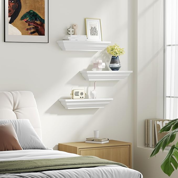 Alsonerbay Floating Shelves - White Rustic Wall Shelves, 3 Pack (17 Inch) for Bedroom, Living Room, Bathroom