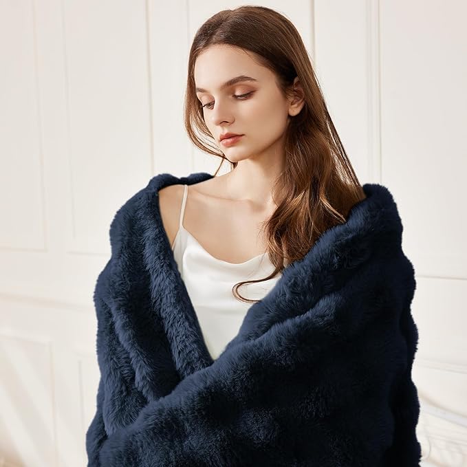 Faux Rabbit Fur Throw Blanket for Couch, Fluffy Warm Plush Thick Bubble Blanket for Bed Sofa Living Room, Soft Cozy Furry Blanket, 50x60 inches, Navy Blue
