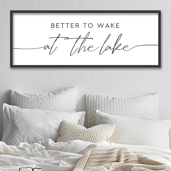SRSZHIYUE Better To Wake At The Lake Wall Decor Above Bed Sign 40"×15" for Lake House Rustic Bedroom Over Bed Farmhouse Large Wood Framed Home Wall Hanging Art (Black)