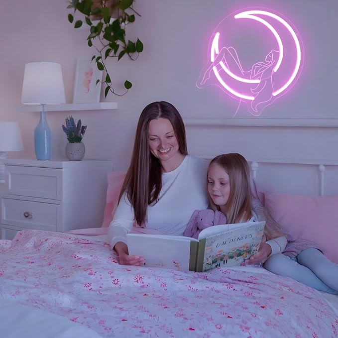 Moon Lady Neon Sign for Wall Decor Pink Dimable Led Girl Crescent Moon Neon Lights Wall Art Whimsical Night Sky for Bedroom Wall Decor Ideal for Lady Dreamers and Boho Interiors(11.2 * 11.3inch)