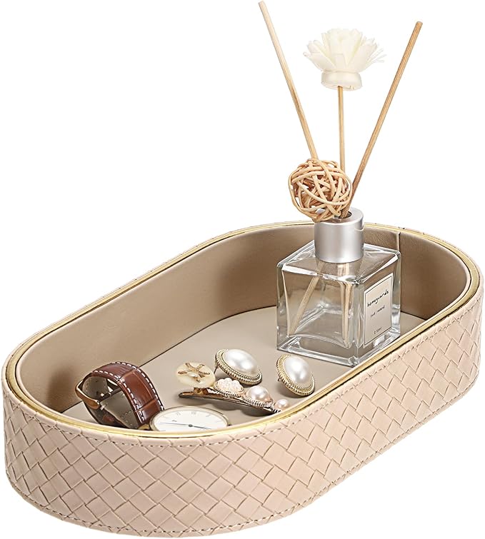 Hipiwe Perfume Trays PU Leather Vanity Tray for Dresser Bathroom Valet Trays Oval Desk Tray Jewelry Dish Holder Decorative Catchall Trays Nightstand Organizer, Beige