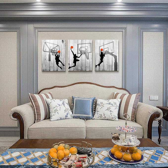 Black And White Canvas Wall Art For Living Room Bathroom And Bedroom Kitchen Wall Decor Artwork Canvas Prints Play Basketball Sport Painting 20" X 28"3 Piece Modern Framed Office Home Decorations