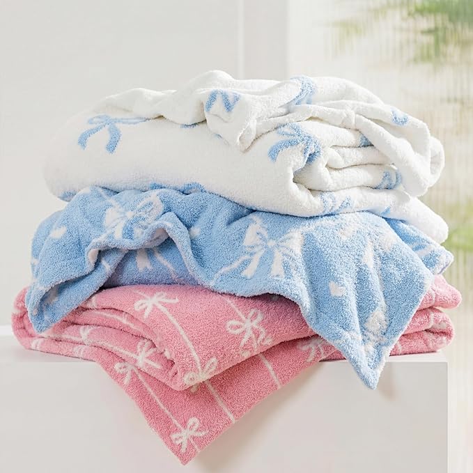 WRENSONGE Throw Blanket Vertical Stripes Bowknot Pink Soft Cozy Fluffy Warm Throw for Couch Sofa Bed Camping Picnic Travel Lightweight - 50"*60"