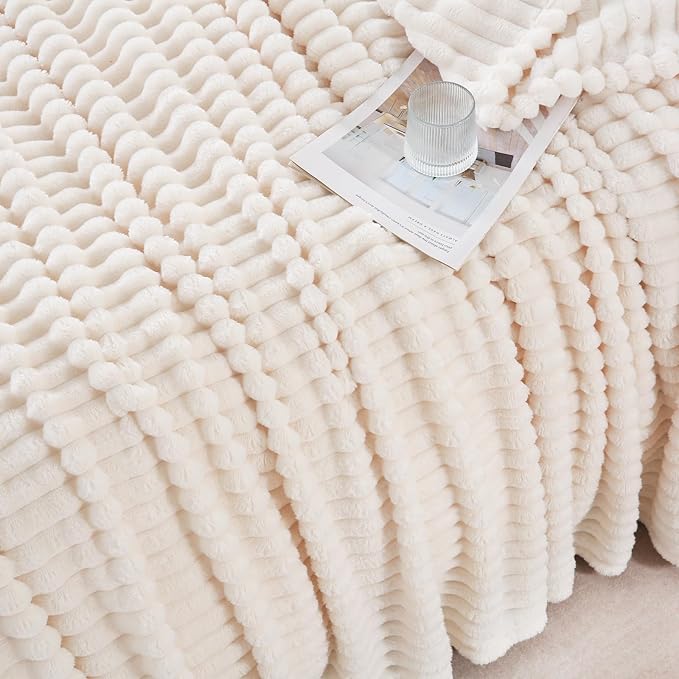 Cream White Throw Blanket for Couch Sofa 50x60 inches Striped Fleece Blankets Room Home Decor Lightweight Plush Soft Cozy Gifts for Women Mom Girls