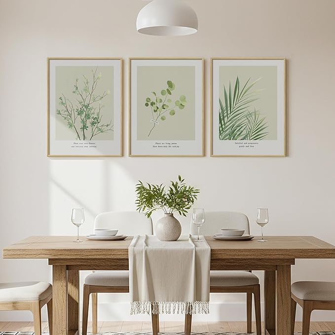 Framed Green Leaf Botanical 3 Piece Wall Art Bedroom, Modern Minimalist Floral Painting Print Canvas Artwork for Walls, Neutral Rustic Nature Pictures Wall Decor Living Room Nursery Kitchen, 12x16 In