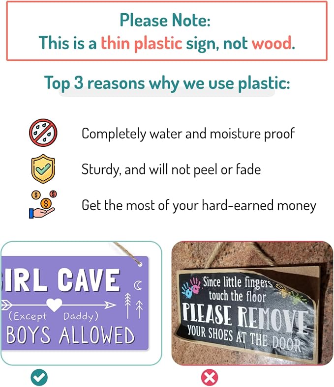 Girl Cave Sign, 12″x6″ PVC Plastic Wall Decoration Hanging Sign, High Precision Printing, Water Proof, Girls Only Room Decor, No Boys Allowed Except Daddy for Girls Bedroom