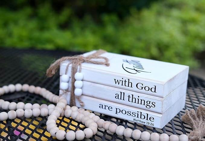 LIVDUCOT Farmhouse Wooden Decor Book Stack | Rustic Faux Book Stacks | With God All Things Are Possible Sign