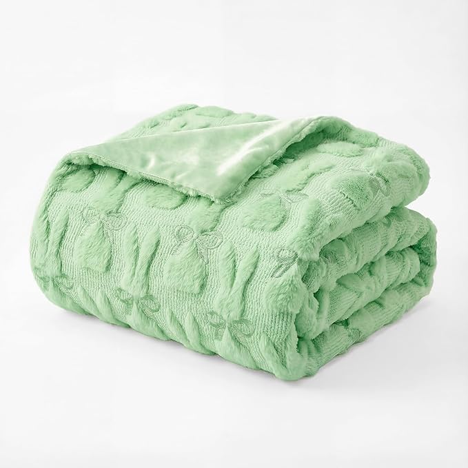 Horaldaily Easter Solid Blanket Throw, Green Rabbits Bow Soft Fuzzy Plush Faux Fur Cozy Blankets for Couch Sofa Bed Lounging, Ideal Gifts for Kids Adults Wife Self, 60x80