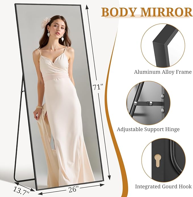 Full Length Mirror 71"x26" Full Body Mirror Rectangle Free Standing Wall Mounted Leaning Floor Mirrors with Stand Aluminum Alloy Frame for Bedroom Cloakroom, Black