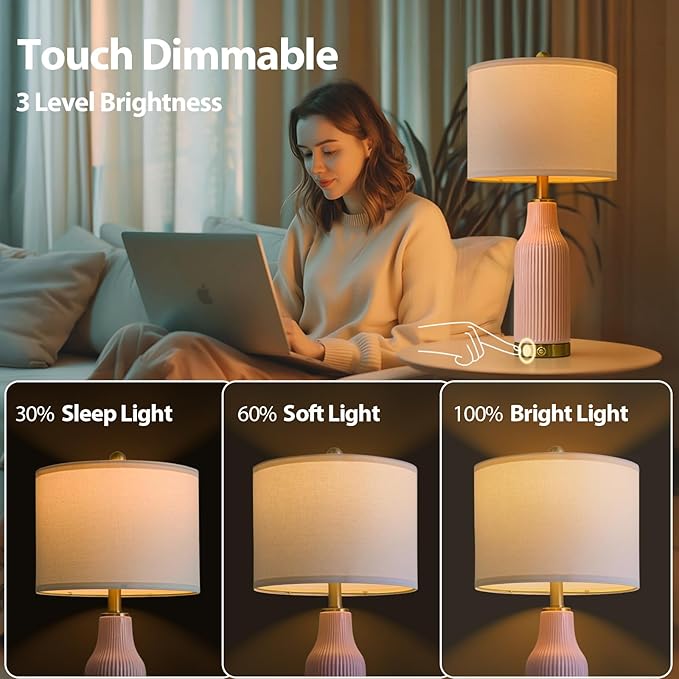 24.5" Modern 3-Way Dimmable Touch Control with 5FT Cord & USB A+C Ceramic Lamps Set of 2 Table Lamp for Living Room Bedroom Farmhouse Nightstand Bedside Pink