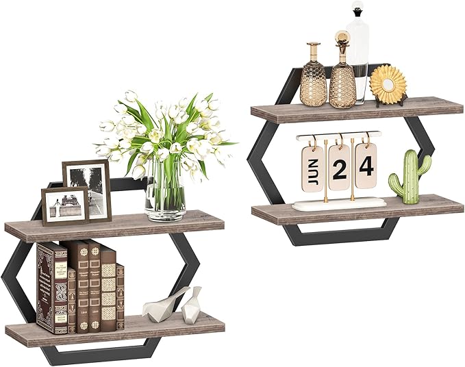 Hexagon Floating Shelves for Wall, Set of 2, 2 -Tier Hanging Shelves, Wall Mounted Storage Shelves, for Living Room, Bedroom, Kitchen, Home Office, Study, Greige TBJ06P2BG