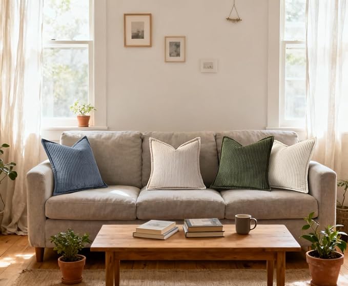 Mecatny Corduroy Throw Pillow Covers 22x22 Set of 2, Neutral Decorative Soft Boho Couch Pillow Covers with Broadside for Sofa Living Room, Blue Grey