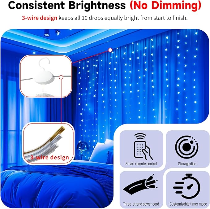 HXWEIYE 300LED Untangled Curtain Lights, 9.8x9.8Ft USB Fairy Twinkle String Lights with Remote and DIY Timer, 8 Modes Window Wall Hanging Light for Bedroom Dorm Backdrop Room Decor, Blue