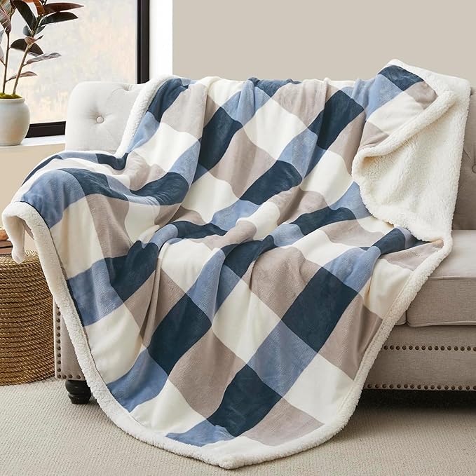 Sherpa Fleece Throw Blanket for Couch, Fluffy Plush Warm Fuzzy Blanket for Women and Men, Cozy Thick Soft Twin Blanket for Bed, Gray-Soft Blue, 60x80 Inches