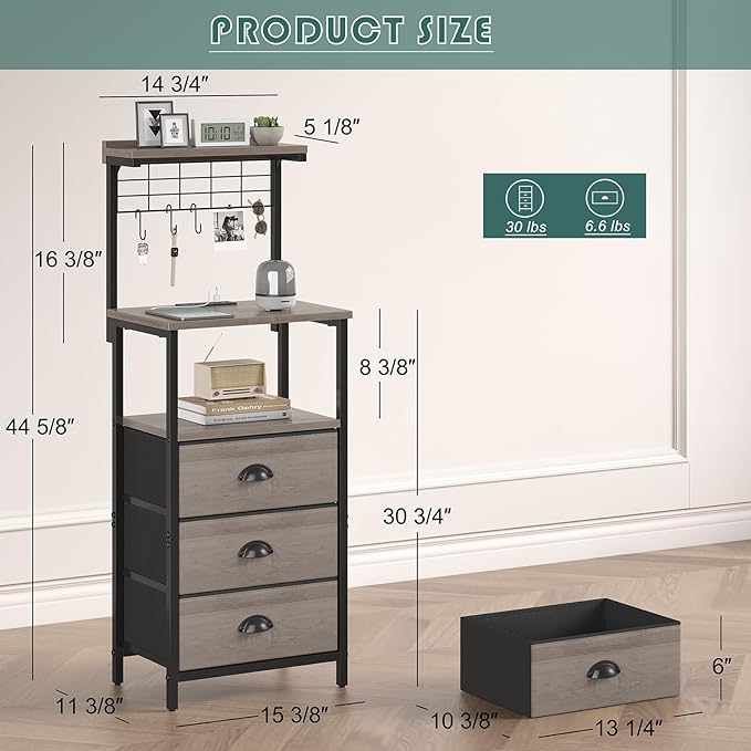 Bedside Tall Nightstands with Charging Station, LED Bedside Table for Bedroom - 3 PU Fabric Drawers, Hooks, USB/Type-C Ports & Open Bedside Storage Shelves, Grey