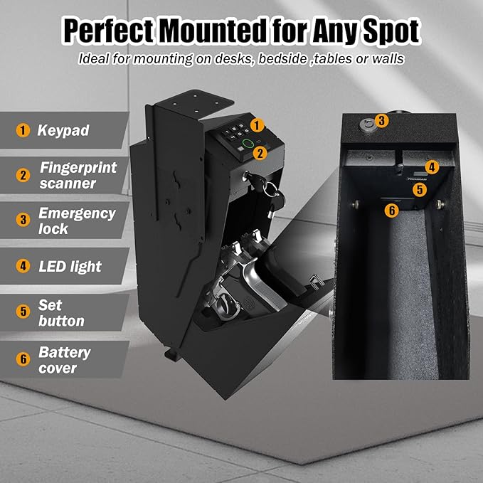 HARDROCK Gun Safe for Pistols, Biometric Wall Mounted Handgun Safe Box for Desk, Bedside,Truck，Drop Down Quick Access Security Safe with Fingerprint Keypad Lock for Home nightstand