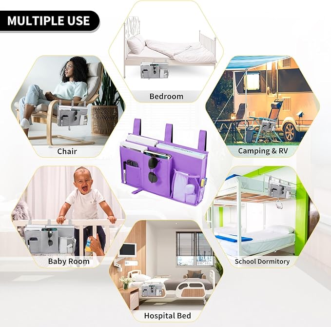 Joyfulife Bedside Caddy Bunk Bed Organizer Bedside Storage Organizer Hanging Bed Organizer Storage Bag Pocket for Bunk and Hospital Beds, College Dorm Rooms Baby Bed Rails Camp 8 Pockets (Purple)