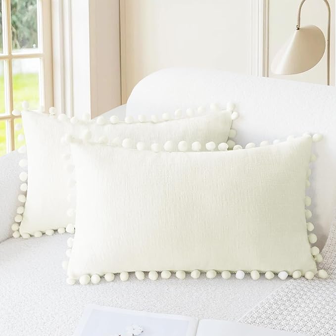 CaliTime Throw Pillow Covers Decorative 20 X 12 Inches Pack of 2 Cozy Solid Dyed Soft Chenille Cushion Cases with Pom Poms for Couch Sofa Bed Living Room Home Cream