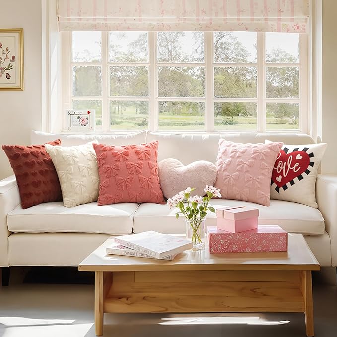MIULEE Coral Red Bow Pillow Covers Coquette Room Decor Aesthetic Set of 2 Spring Decorative Cute Girl Soft Plush Faux Pillowcase for Preppy Room Decor Bedroom Couch,18x18 Inch