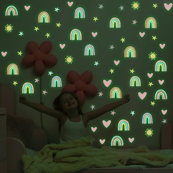 Epakh Rainbow Wall Decor Stickers Small Rainbow Decal Watercolor Heart Star Sun Wall Stickers Decor for Girls Boys Baby Bedroom Nursery(Luminous Green)