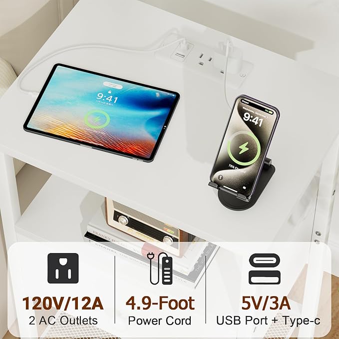Night Stand with Charging Station, Small Bedside Table with 2 Fabric Drawers, Nightstand with USB Ports & Outlets for Bedroom, Living Room, White, HETS020WT-1
