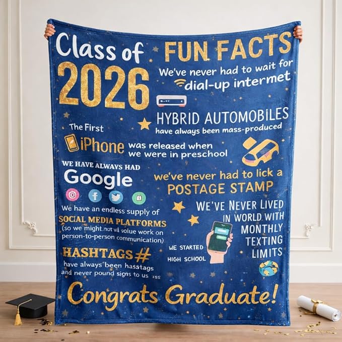 Graduation Gifts Blanket Class of 2026 – Fun Facts Throw Blanket 50x60 Inch, Funny Inspirational Graduation Gift for Him Her, Cozy Plush Blanket for College High School Graduate