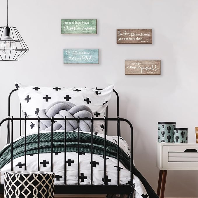 ZONWUTHY 4 Pieces Bible Verses Wall Decor Rustic Wooden Christian Signs Farmhouse Religious Decor for Home Motivational Prayer Wall Art for Living Room Office Bedroom Bathroom(Fresh,10x4)