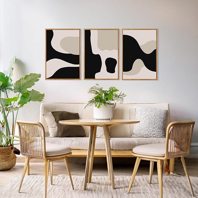 CHDITB Abstract Modern Framed Canvas Wall Art Set Of 3, Minimalist Wall Decor, Contemporary Artwork Prints, Neutral Black And Beige Abstract Line Paintings for Living Room Bedroom Decor (12X16 Inch)