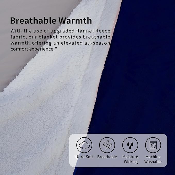 K.Garden Sherpa Fleece Throw Blanket for Couch Sofa, Super Soft Cozy Fuzzy Plush Blankets Fleece Thick Warm Blanket for Winter Reversible Thick Warm Blanket for Bed, Sofa, Navy 6080