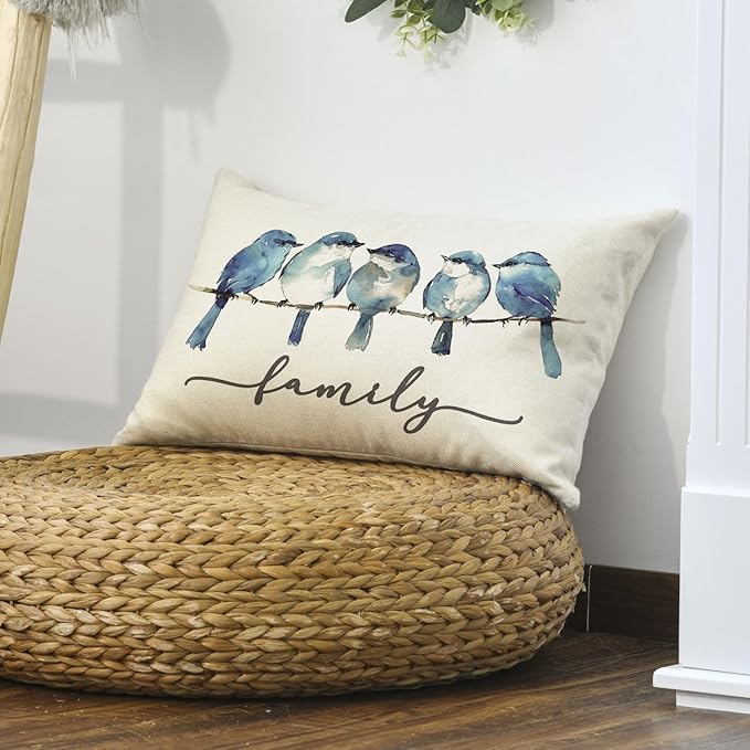 AVOIN colorlife Home Sweet Home Bluebird Family Watercolor Throw Pillow Cover, 12 x 20 Inch Christmas Winter Cushion Case Decoration for Sofa Couch