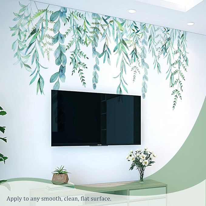 Green Hanging String of Willow Wall Decals Peel and Stick, Large Plants Vinyl Wall Stickers, Removable Vine Home Decor Art for Bedroom Living Room Classroom Office