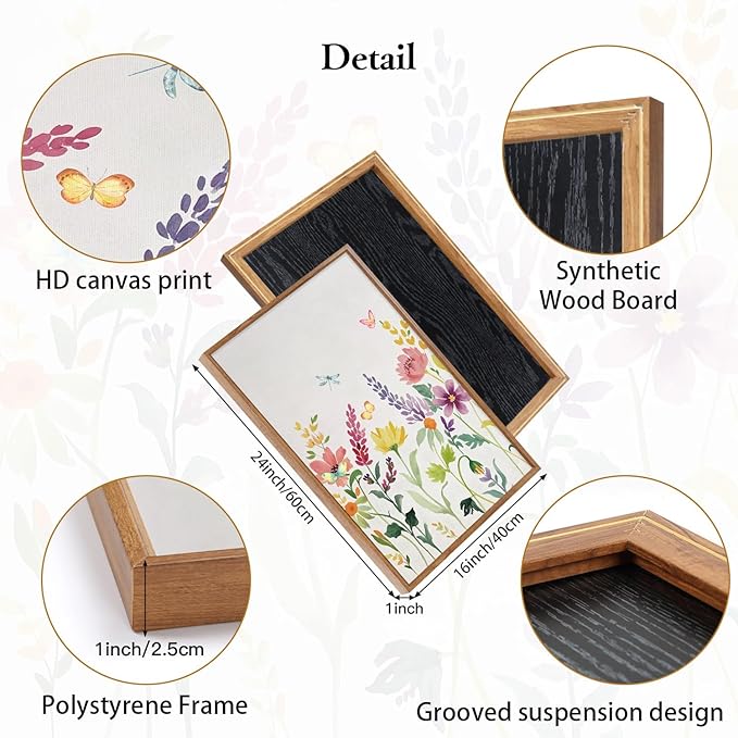 CHDITB Colorful Wildflower Framed Canvas Wall Art Print, Nature Butterfly Poster, Flower Wall Decor, Watercolor Floral Pictures, Botanical Art Prints For Girl Room Living Room Nursery Decor 16"x24"x3