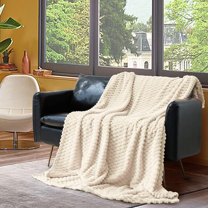 Vessia Flannel Fleece King Size Bed Blanket(108x90 inch), 3D Jacquard Cream Fuzzy and Warm Blanket for Adults, 300GSM Super Soft Touch Cozy Lightweight Ivory Home Decor for All-Season