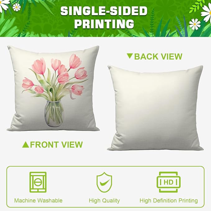 Pillow Covers 16x16 Inch Set of 4 Tulip Home Sweet Home Pink Throw Pillows Decorative Pillow Cases Hello Summer Spring Seasonal Farmhouse Decorations for Sofa Couch