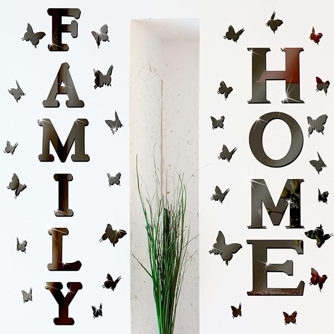 Outus 3D Family Home Sign Letters Living Room Decor Family Rustic Farmhouse Wall Decor Acrylic Mirror Decorative Butterfly Mirror Wall Sticker Decals for Living Room Bedroom Kitchen (Black)